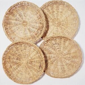 4 Vintage Natural Rattan Woven Wicker Paper Plate Holders Picnic Camping 10 inch